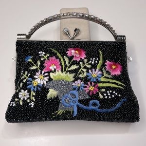 *HP* Jessica McClintock Black and Floral Beaded Cocktail Purse with Rhinestones